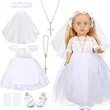 RoundFunny 7 Pcs 18 Inches American Doll Clothes Outfit First Communion Dress with Matching Headband Veil Bracelet Shoes Socks Necklaces Fit 18 Inches Dolls, Doll Not Included
