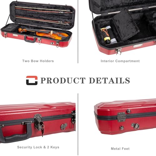 Image of Crossrock Oblong Case fits 4 /4 Full-Size Violin, Includes Interior Compartment, 2 Bow Holders, Security Lock, and Detachable Straps-Red (CRA860VFRD-R)