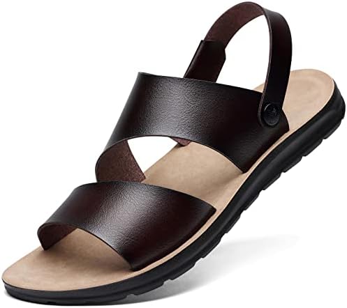 HUOHULI Men's Sandals Leather Comfort Outdoor Slide Sandals Open Toe Slip-On Sandals Dark&Brown 38