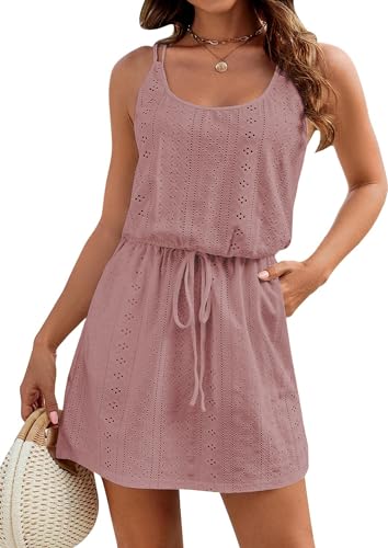 Arevill Damen Bikini Cover Up Spaghetti Ärmellose Strandkleid U Ausschnitt Tunnelzug Häkelt Boho Strandponcho Sommer Bademode Strand Crochet mit...