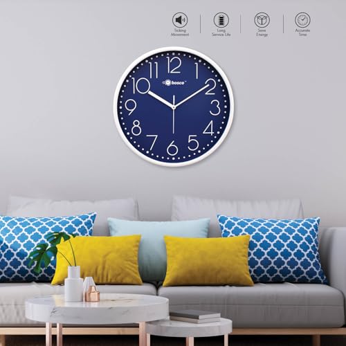 Image of Bosco Decorative Non Ticking Silent, Blue dial with White Frame 30 CM, Modern Design Round Wall Clock for Home, Living Room, Bedroom, Office and Kitchen | BWC-1805