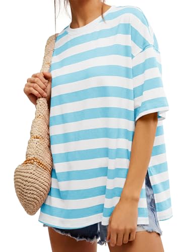 Image of Tankaneo Womens Oversized Tshirts Summer Casual Short Sleeve Crew Neck T Shirt Loose Fit Side Slit Tee Tops