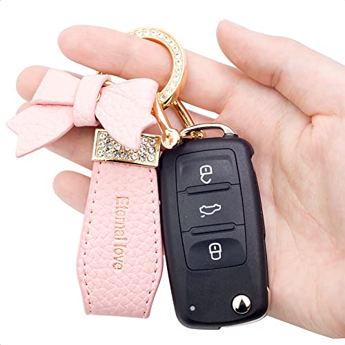Sk Custom Pink Litchi Stria Leather Bowknot & Bling Rhinestones Gold Ring Keychain #TOP3