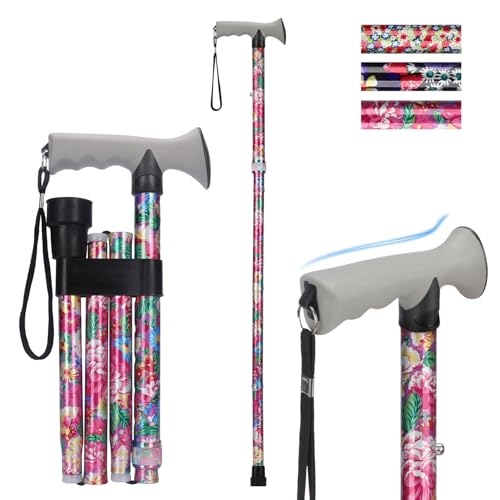 supregear Folding Walking Stick, Adjustable Height Foldable Collapsible Lightweight Portable Travel cane with Soft Handle, Walking Aid for Elderly Disabled Men Women, Pink Floral