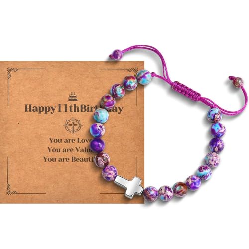 Happy 9th/10th/11th/12th/13th Birthday Gifts for Girls Bracelet, Natural Stone Cross Charm Bracelet Birthday Gift for Girls Daughter Granddaughter Niece Teens Birthday Christmas Christian Easter Gifts