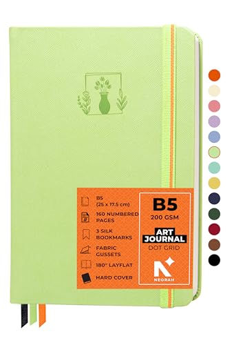 Image of NEORAH - B5 - ART JOURNAL |200Gsm Dotgrid Notebook |160 Pages(25.0 x 17.5 cm) | Lay Flat |HardCover Bullet - Journal |3 Bookmarks |Elastic Closure| Inner BackPocket | Ideal-Bujo,Drawing (LIGHT GREEN)