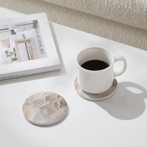 Image of Set of 6 Abstract Marble Coasters with Holder, Absorbent Ceramic Coasters for Drinks, Coasters with Cork Backing for Table Protection, Housewarming Gifts for New Home