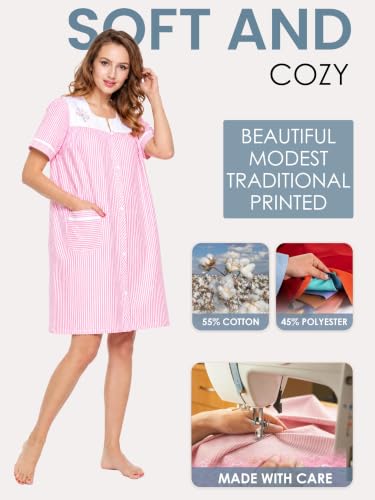 Image of Casual Nights Women's Snap - Front House Dress Short Sleeve Woven Housecoat Duster Lounger Robe with Pockets