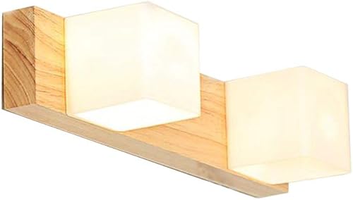 Espejo de madera con cabeza giratoria frontal, aplique de pared con base de madera, cubo de vidrio blanco, pantalla de baño, lámpara de pared para