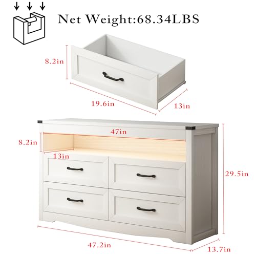 Image of Wodeer White Dresser for Bedroom, Wood 4 Drawer Dresser with LED Light, Dressers & Chests of Drawers with Metal Handles, Storage and Organization for Bedroom, Hallway, Entryway