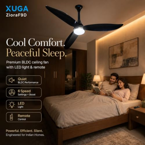 Image of XUGA Ziora F9D BLDC Ceiling Fan, 1200mm, 34W Energy Saving, 370 RPM, 235 CMM Air Delivery, Remote Control, LED Light, 6 + Boost Speed, Copper Motor, Premium Black