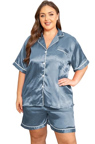 Image of Vozanet Women's Short Sleeve Satin Pajama Sets Silky Ladies Button Down Loungewear Plus Size Nighty Shorts Sets XL to 5XL