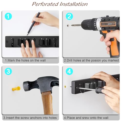 Image of OUTNILI Black Mop Broom Holder Wall Mount with 3 Slots & 4 Hooks - Wood Broom Mop Hanger for Pantry Kitchen Organization - Garden Tool Organizer for Closet Laundry Room