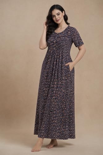 Image of Bahumaan Cotton Nighty for Women Full Length Stylish | Floral Print Cotton Maxi Dress for Women with Pocket | Sleepwear Gown for Women