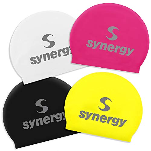 Synergy Latex Swim Caps Combo Pack (Black/Pink/White/Yellow 4-Pack)