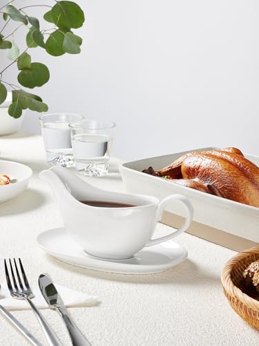 Yedio 18 oz Gravy Boat with Saucer, Large White Ceramic Gravy Boat for Thanksgiving Christmas, Boat and Tray for Turkey Beef Sauce, Salad Dressing, Creamer, Milk, Broth,Microwave and Dishwasher Safe - Image 4