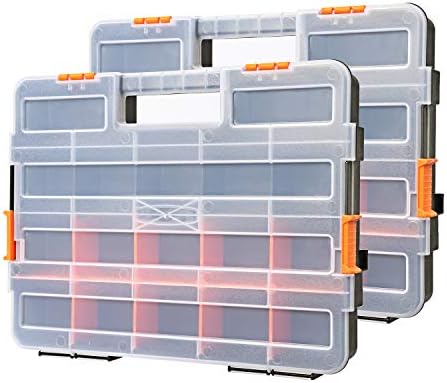 Makitoyo Tool Box Organizers, Interlocking Black Small Parts Organizer for Fasteners, Parts and Crafts w/Removable Dividers, 2 Pieces Pack, Black & Orange,15”L×11.6”W×2.6”H