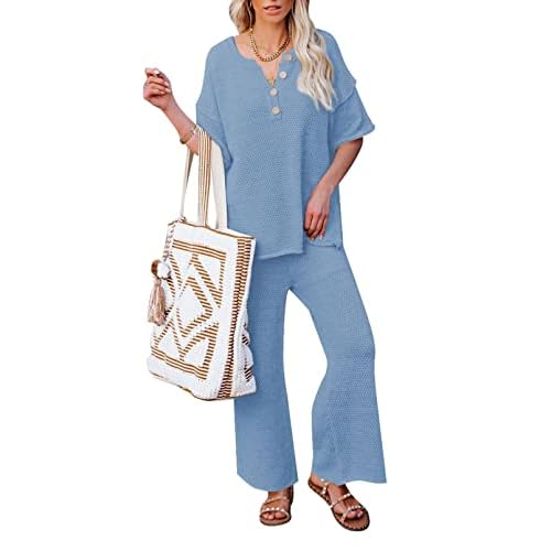 Pink Queen Women's 2 Piece Outfits Short Sleeve Button Knit Pullover Sweater Top Wide Leg Pants Sweatsuit Small Burnt Orange