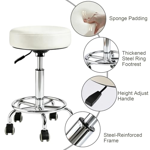 Image of Rolling Stool with Wheels - 500lbs,Thick 9.5cm Cushion, Height Adjustable | PU leather|Swivel silent rubber casters|Foot pedal ring|space-saving|For Drafting salon tattoo clinic garage home office