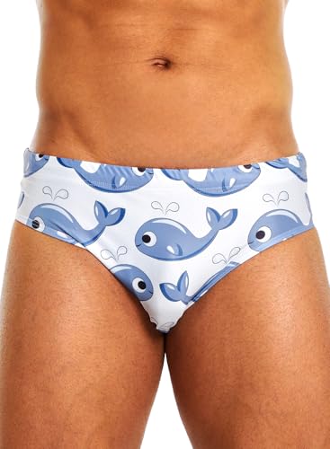 MIZOK Mens Whales Prints Swim Briefs Sexy Funny Cartoon Swimsuit Bikini Swimwear
