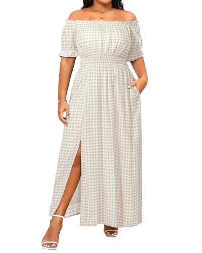 Image of Holipick Women's Off The Shoulder Boho Dress Plus Size Floral Smocked Waist Split Summer Maxi Sundress with Pockets