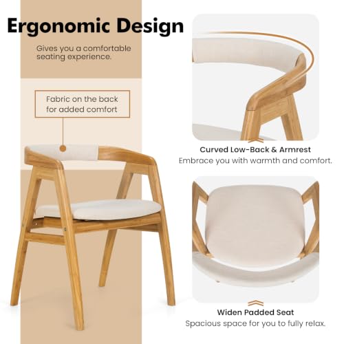 Image of COSTWAY Bamboo Accent Chairs Set of 4 with Wide Curved Backrest and Arms | Natural, Farmhouse Leisure Dining Chairs w /Comfy Cushion, Solid Legs, Upholstered Armchair for Living Room, Bedroom, Kitchen
