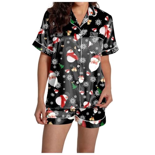 Ensemble de pyjama de Noël en satin de soie pour femme avec haut boutonné raffiné