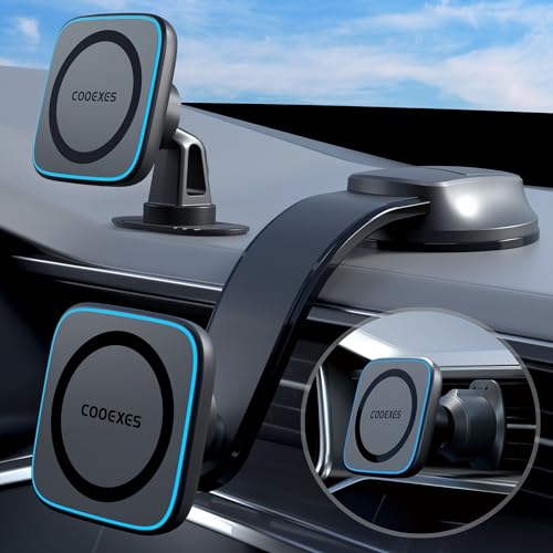 COOEXES for Magsafe Car Mount Charger,15W Magnetic Wireless Fast Car Charger, Car Phone Holder Mount for iPhone 15 Pro Plus Max/14/13/12, Bendable Memory Metal for All Dashboard,Windshield,Vent