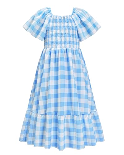 LQSZ Girls Dresses Plaid Smocked Dress Girls' Short Sleeve Summer Dresses for Kids 2-12Y