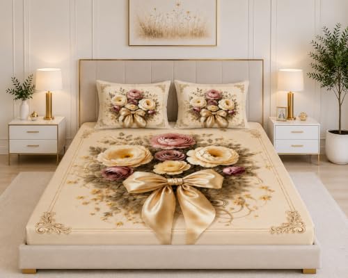 Image of 7D Digital Printed King Size Bedsheet | 240TC Premium Cotton Feel Microfiber with 2 Pillow Covers | Soft Breathable & Wrinkle Free Bedding Set | (WhiteBow, King Size-90x100 Inch)