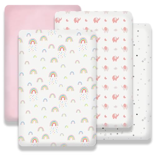 Image of Plushii Mini Crib Sheets 4 Pack, 38 inchx 26 inch Extra Soft Microfiber Pack and Play Fitted Sheet for Mini Crib & Pack and Play Mattress, Playpen Sheet Fitted for Baby Girls,Rainbow