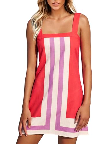 Image of Fiona Jolin Women's Striped Mini Dress Boho Shoulder Strap Sundress Summer Cover Up Dress for Beach