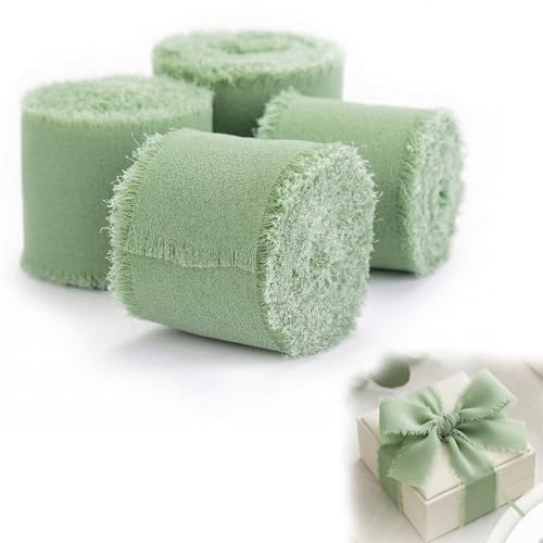 Gefaps Ruban Mousseline Lot de 4 Rouleaux, 20 m de Ruban Vert Sauge à Bord Effiloché, Mousseline de Soie Douce, Légère & Respirante, pour Mariage, Anniversaire, Fête & Projets DIY, Idéal pour Emballag