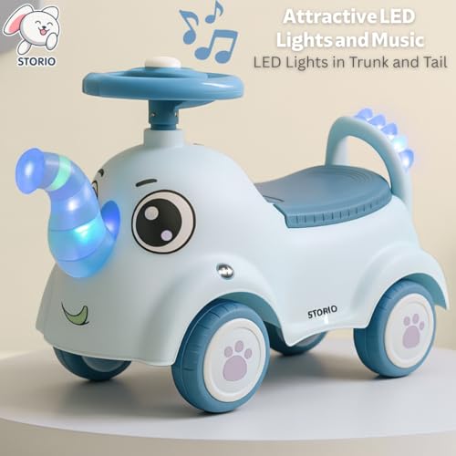 Image of Storio Elephant Baby Ride-On Car Toy with Light and Music - Navy Blue | Push Car for Kids with Backrest & Steering, 1-3 Years