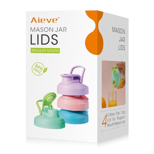 Image of AIEVE Mason Jar Pour Spout Lid, 4 Pack Regular Mouth Mason Jar Lids with Flip Top,Reusable and Leak-Proof Plastic Canning Pitcher Lids tor Milk, Coffee, Juice, Lemonade,Colorful(Jars not Included)