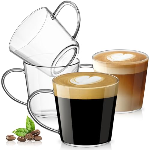OJA Clear Coffee Cups Set of 4 - Wide Mouth Design Glass Coffee Mugs with Handle - 10oz Espresso Cups Set - Anti Scald Tea Mugs - Easy to Pull Flowers Coffee Glasses
