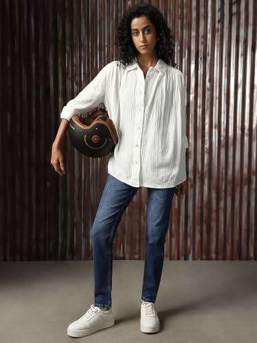 Image of High Star Women Cotton Solid Oversized Fit Casual Collar Full Sleeves Shirts