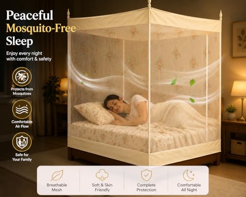 Image of ANS Single Bed Mosquito Net for Bed Floral Print with Cotton Border, Breathable Free Air Flow Mesh, Hanging Mosquito Net for Single Bed, 3.5 x 6.5 ft, Height 5 ft, Cream Floral