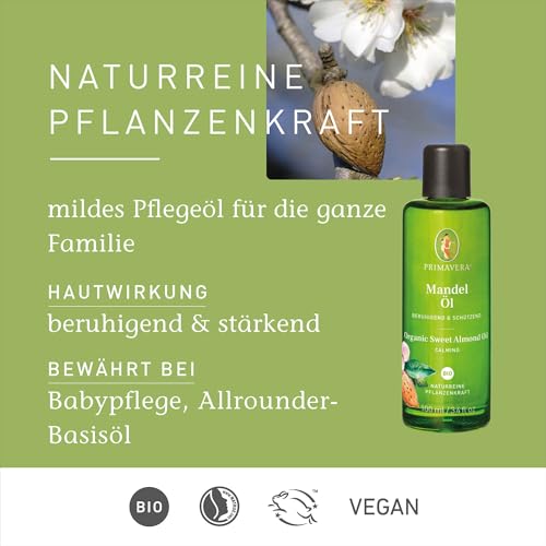 Foto von PRIMAVERA Pflegeöl Mandelöl bio 100 ml – naturreine Pflanzenkraft – Glasflasche – Aromaöl, Körperöl, Naturkosmetik - gut verträglich, schützend, lindert Hautrötungen – vegan