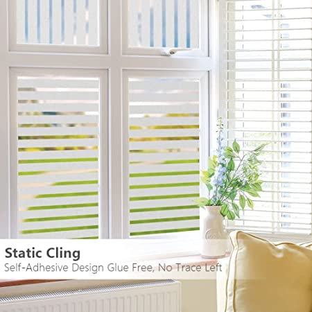 Image of WISDOM Privacy Window Film Frosted Glass Film Glass Film No Glue Anti-UV Window Sticker Non Adhesive for Privacy Office Meeting Room Bathroom Living Room (Stripe Frosted, 12 x 140 inch)