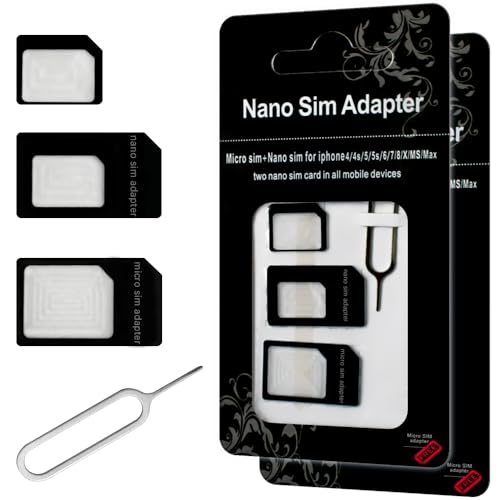 Pack 2 Nano SIM Card Adapter, Converter Kit Nano to Micro SIM/Standard with Tray Eject Pin for iPhone,Android Smartphones and Mifi Hotspot Devices.