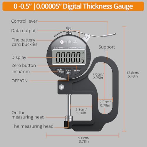 Neoteck Tragbares Digitales Dickenmessgerät 0-25,4 mm Messbereich 0,001/0,00005 ’’ elektronischer Mikrometer Zoll/metrisch elektronischer Prozent-Dickenmessgerät mit LCD-Anzeige - Schwarz