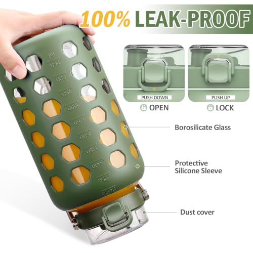 Image of MUKOKO 84 oz Glass Water Bottle, Stainless Steel Handle, Olive