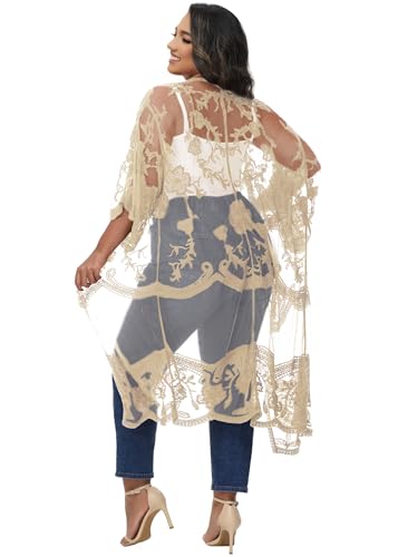 Image of Anna-Kaci Women's Plus Size Lace Cardigan Embroidered Long Kimono Dusters with Half Sleeves