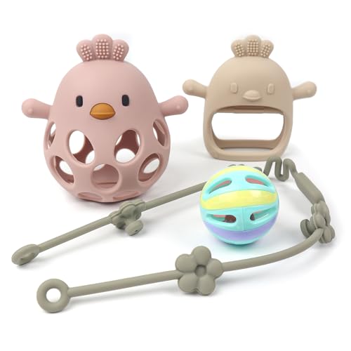 Image of TiniTilla Baby Sensory 4-Piece Toy Set: Hollow Hand-Gripping Chicken Teether, Teething Mitten, Rattle Ball, and Anti-Drop Toy Strap (Pink/Beige)