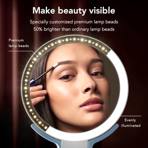 Image of LitBear Travel Makeup Mirror with Lights, Rechargeable Double-Sided 10X /1X Magnifying Mirror, Portable Lighted Beauty Mirrors, 3 Color Lighting, Dimmable Touch Screen, Tabletop Handhold Hanging (Blue)