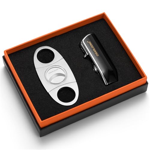 CIGARLOONG Cigar Cutter and Lighter Set Black Double Blade Simple Cigar Guillotine and 3 Jet Torch Blue Flames Refillable Lighter