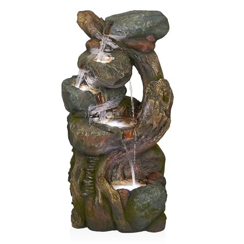Alpine Corporation WIN1546 Outdoor Floor Rock/Tree Trunk Fountain w/LED Lights, Cascading Garden Water Fountain, 39" H, Gray