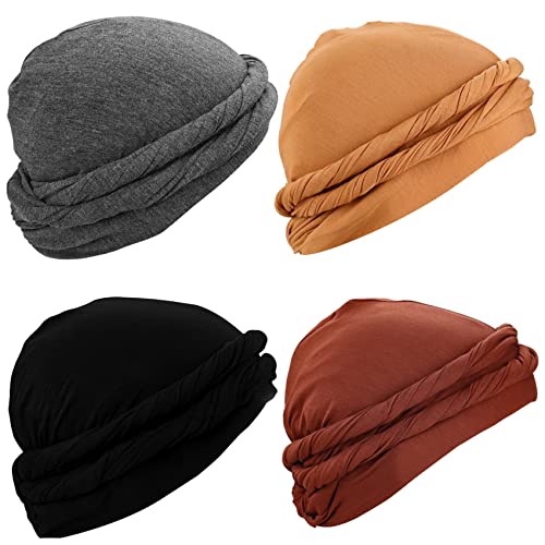 JALANCY 4 PCS Turban for Men Halo Turban Durag Vintage Turban Twist Head Wraps Elastic Modal and Satin Lined Turban Scarf Tie for Hair (Black, Caramel, Turmeric, Dark Gray)
