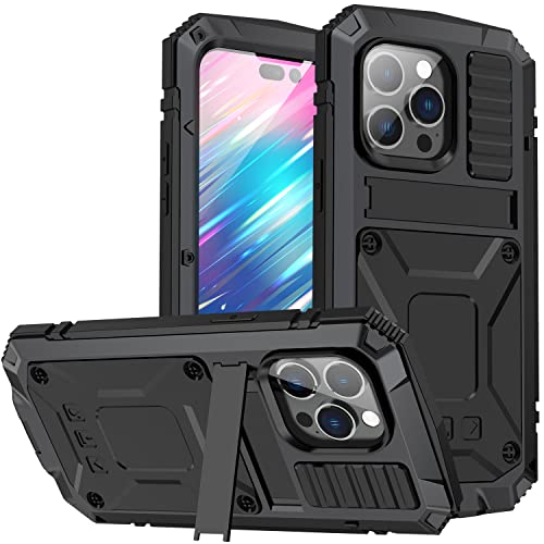 Compatible with iPhone 14 Metal Case Heavy Duty Armor Dropproof Aluminum Military Hard Case with Tempered Glass Screen Protector (iPhone 14, Black)